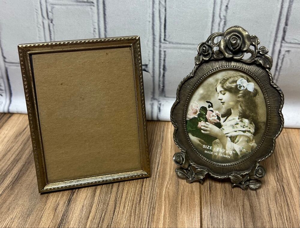 Vintage Mini Picture Frame Lot of 2 Ornate Rose Floral Brass Tone Tabletop Frame